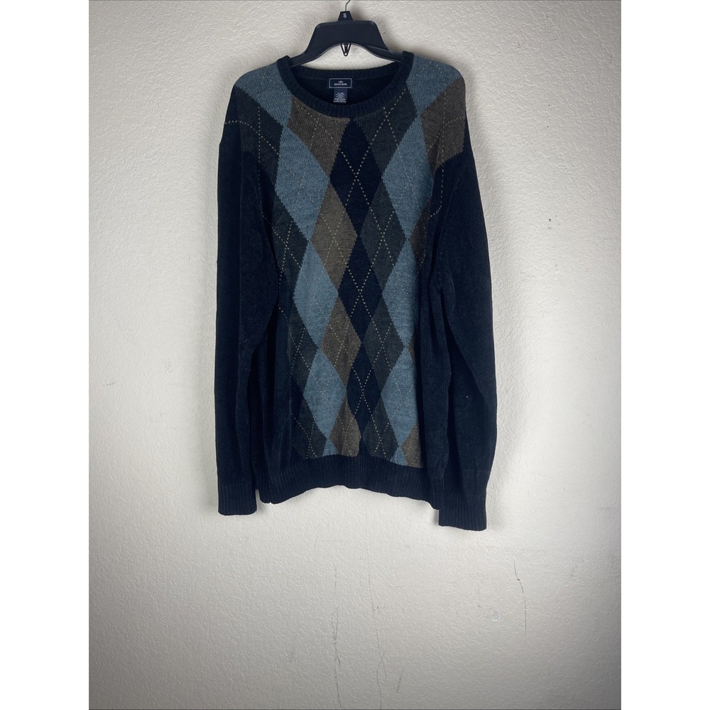 Dockers Sweater Mens XL Charcoal Gray Blue Argyle Long Sleeve Classic Crewneck